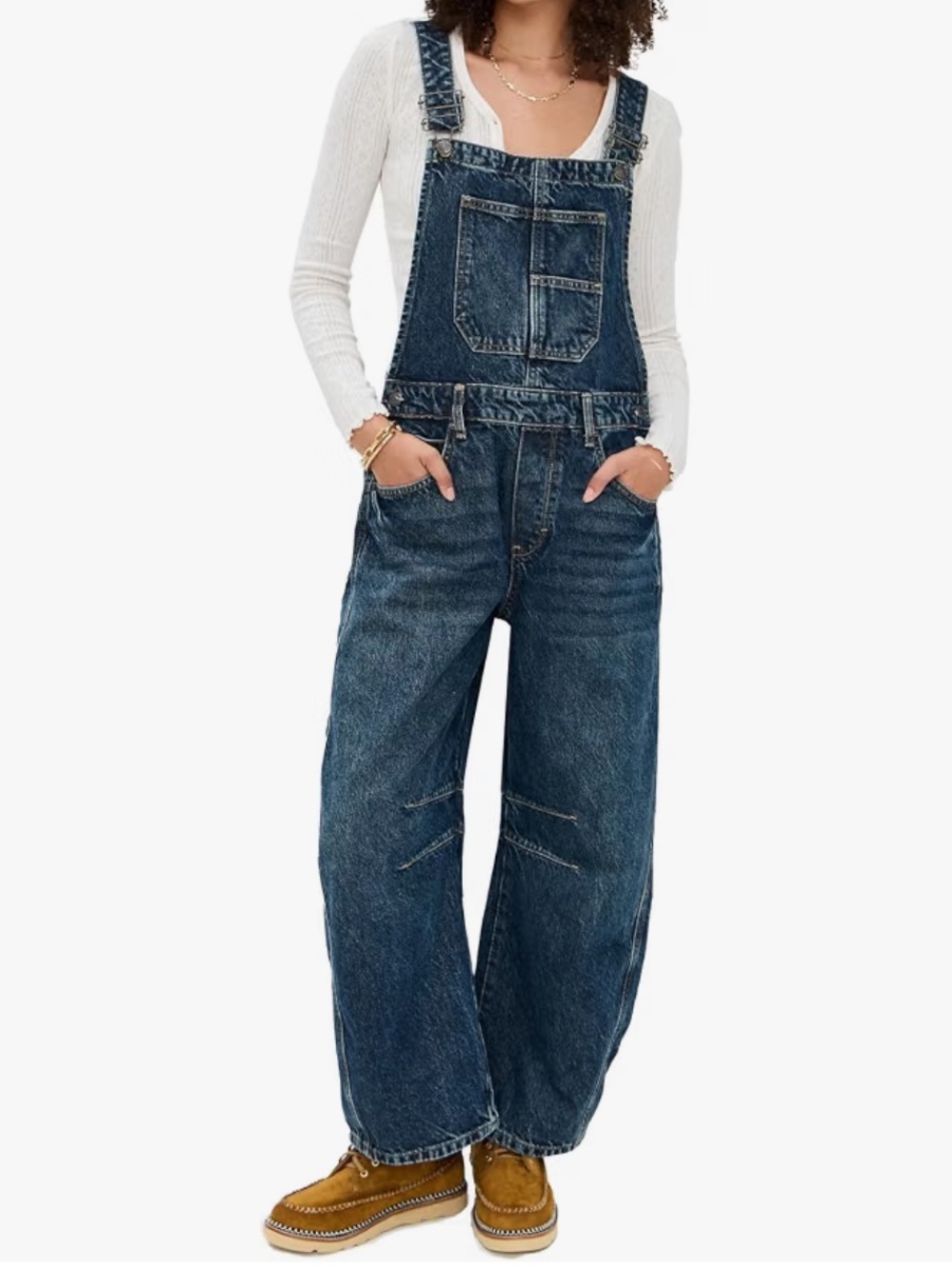 We the Free People Sz L Good Luck Barrel Overalls Blue Denim Boho Retro flawed